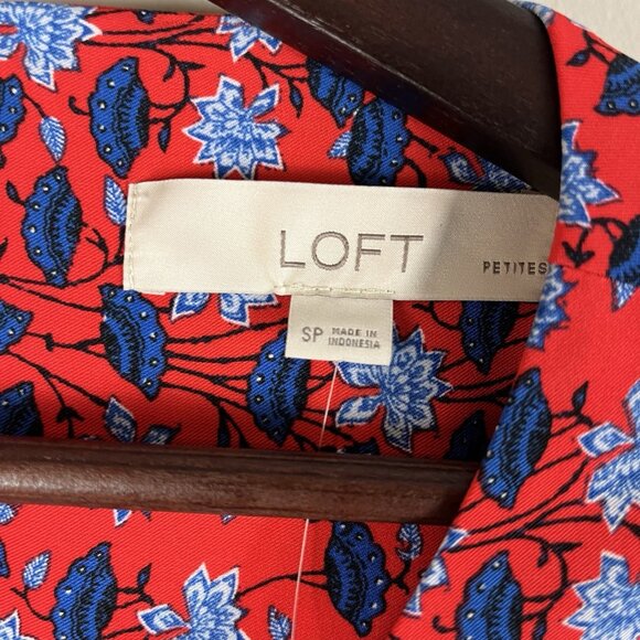 Loft S Petite Dress Floral Tie Waist Puff Sleeve Boho Red Blue - Picture 5 of 7